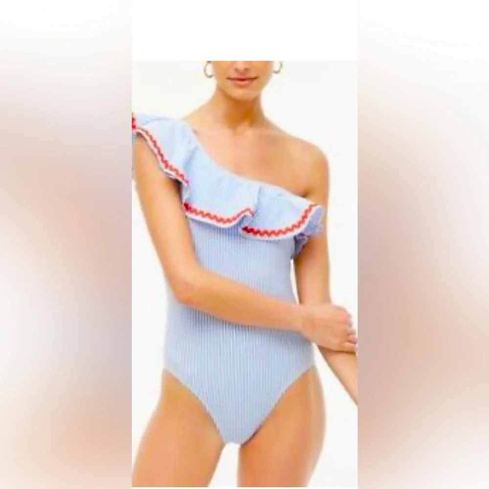 New J. Crew Blue and White Striped One-Shoulder Swimsuit! Too big for me! - Picture 2 of 11